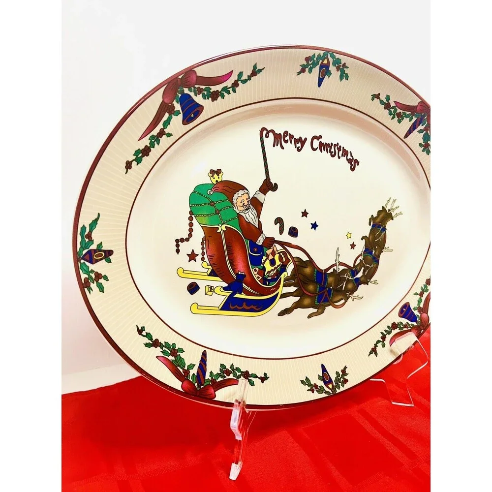 Vintage GEI Santa Sleigh Reindeer Christmas Serving Platter 14” Oval Tray